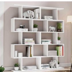 62" Tall Unique  Bookcase with 5-Tier Display Shelf for Living Room Office, White S-42