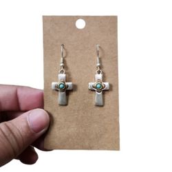 Silver Gold Toned Turquoise Cross Drop Earrings