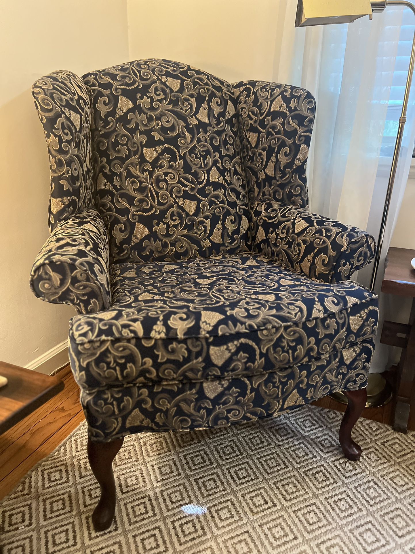 Vintage/Antique Blue and Gold Wing Chair / Arm Chair / Accent Chair With Wood Frame