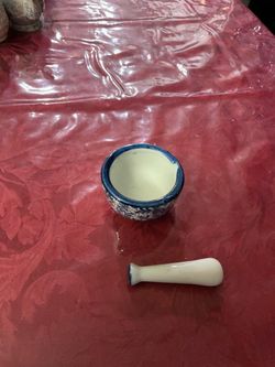 Blue and White decorated Floral Ceramic Mortar and Pestle Set