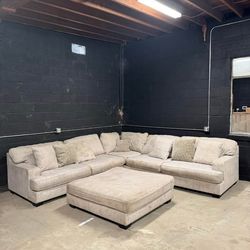 Beige Sectional Sofa with Ottoman