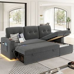  Modern Sleeper Sofa with Pull-Out Bed, L-Shaped 3-Seat Sofa with Storage Chaise Couch & USB Charging Port for Living Room,Linen Fabric, Gray