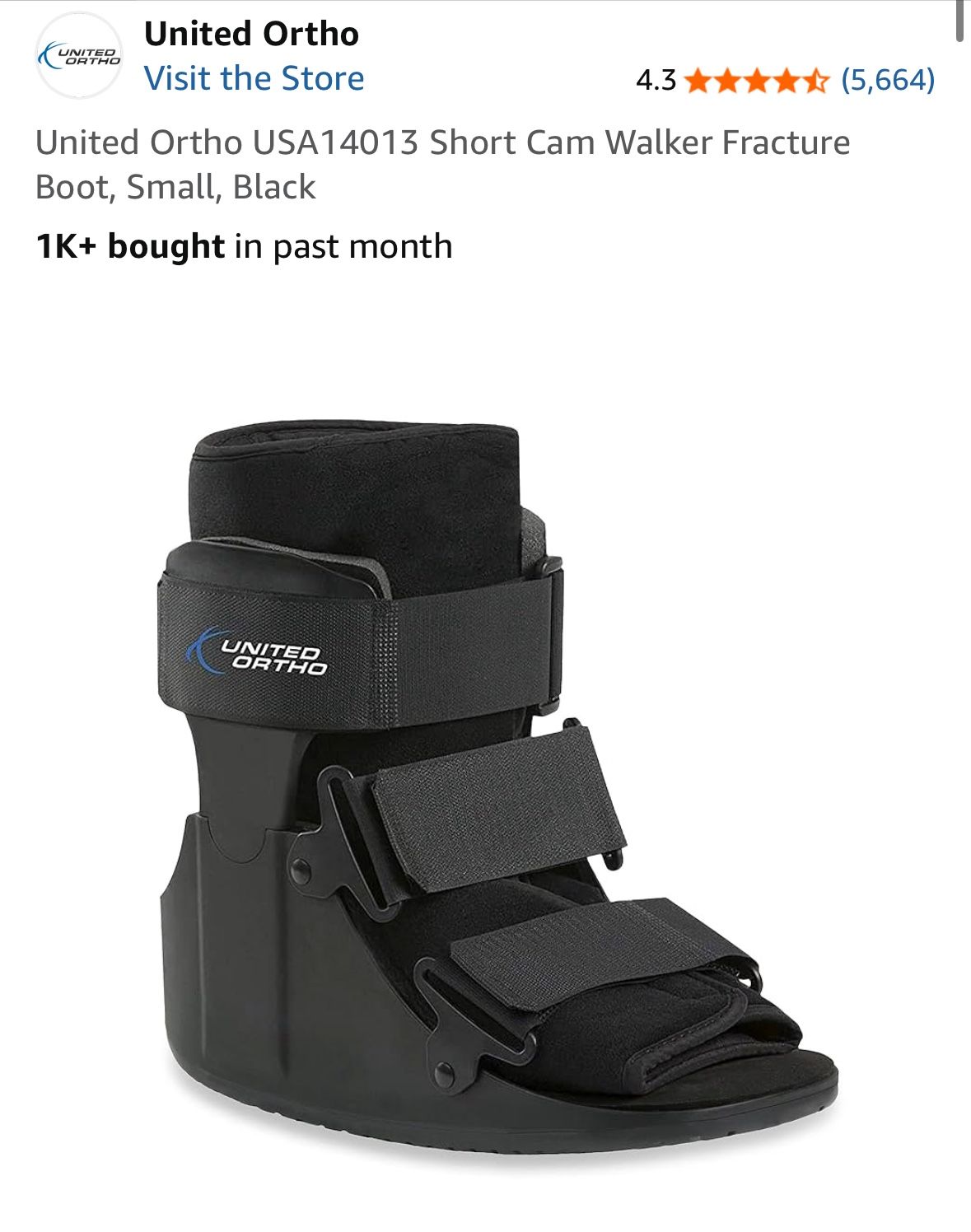 United Ortho USA14013 Short Cam Walker Fracture Boot, Small, Black