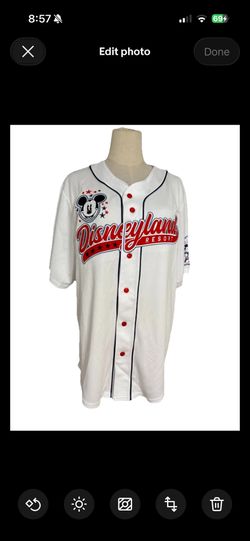 Disney Mickey Mouse Disneyland Resort Baseball Jersey medium Embroidered White, with red ‘embroidered Disneyland logo red letters, button up, new with