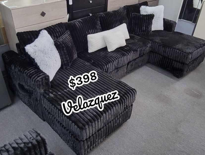 ✅️✅️3 pc black fur like jumbo corduroy fabric sectional sofa with double chaise✅️✅️