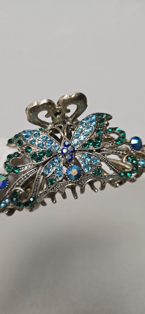 Vintage Butterfly Rhinestone Hair Claw Clip - Silver Tone Metal with Green, Blue & Aqua Crystals