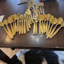 Vintage Mid Century Gold Tone Stainless Flatware Set MCM Atomic 30+ pcs Textured Handle