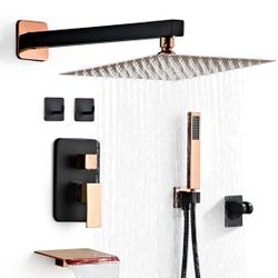 Open Box Shower Faucet Set with Tub Spout, Matte Black and Rose Gold Rainfall Shower System Complete Wall Mounted for Bathroom with 12 Inch Square Sho