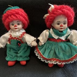 Porcelain Clown Faced Raggedy Ann and Andy Rag Doll Ornaments