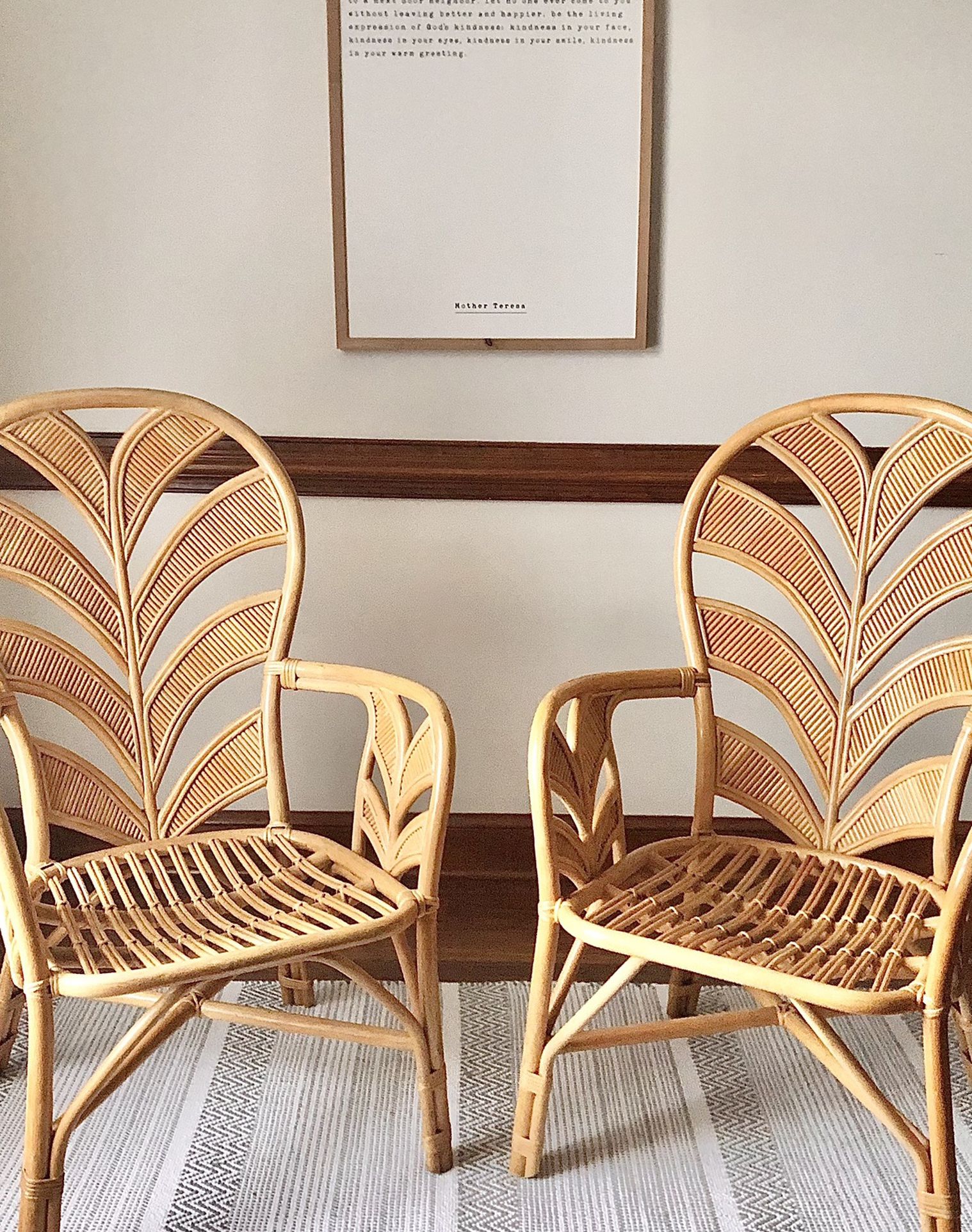 Gorgeous Pair Of Mid Century Natural Rattan Chairs With Palm Tree Design