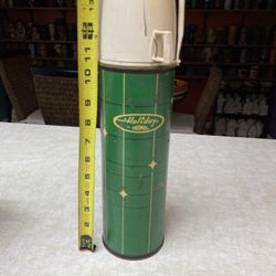 Vintage Thermos Pair – Holiday Green + Classic Plaid – 1960s King-Seeley 