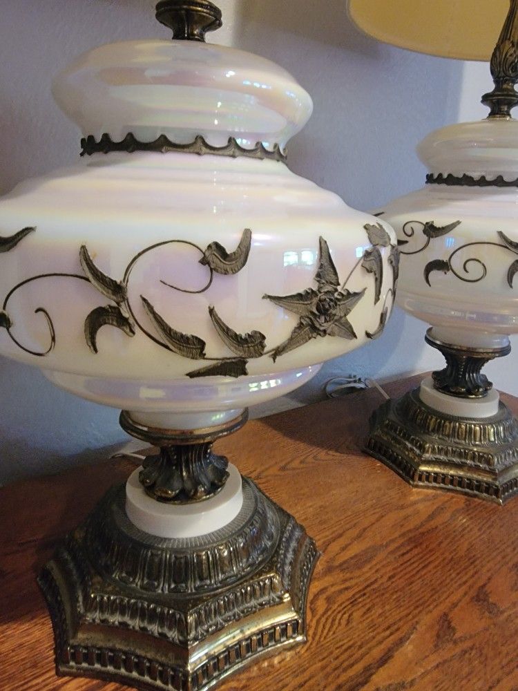 Rare Antique Carl Faulkenstein Opalescent and Brass Lamps