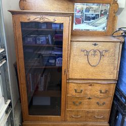 Antique Oak Side-by-Side Secretary Desk with Bookcase