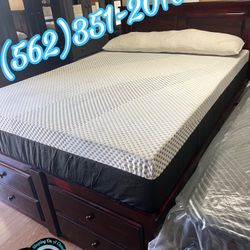 Queen Storage Bed Frame Cherry With Drawers Mattress New 