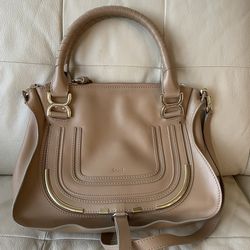 Chloe Marcie Tote Handbag Shoulder Bag Beige Leather