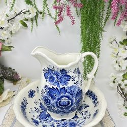 Delft Blue Style Floral Pitcher & Wash Bowl Set Lion Mark Pitcher 10” Bowl 13”