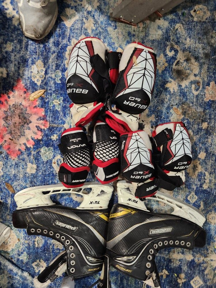 Lot bundle of ice skating/hockey skates & baur pads elbow shin knee