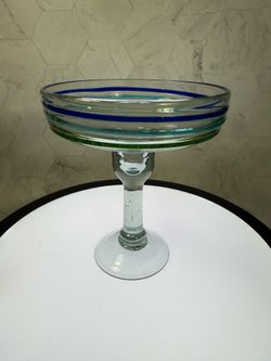 (1) Mexican Hand Blown Margarita Glass. Teal,Green/ Blue (16 oz)
