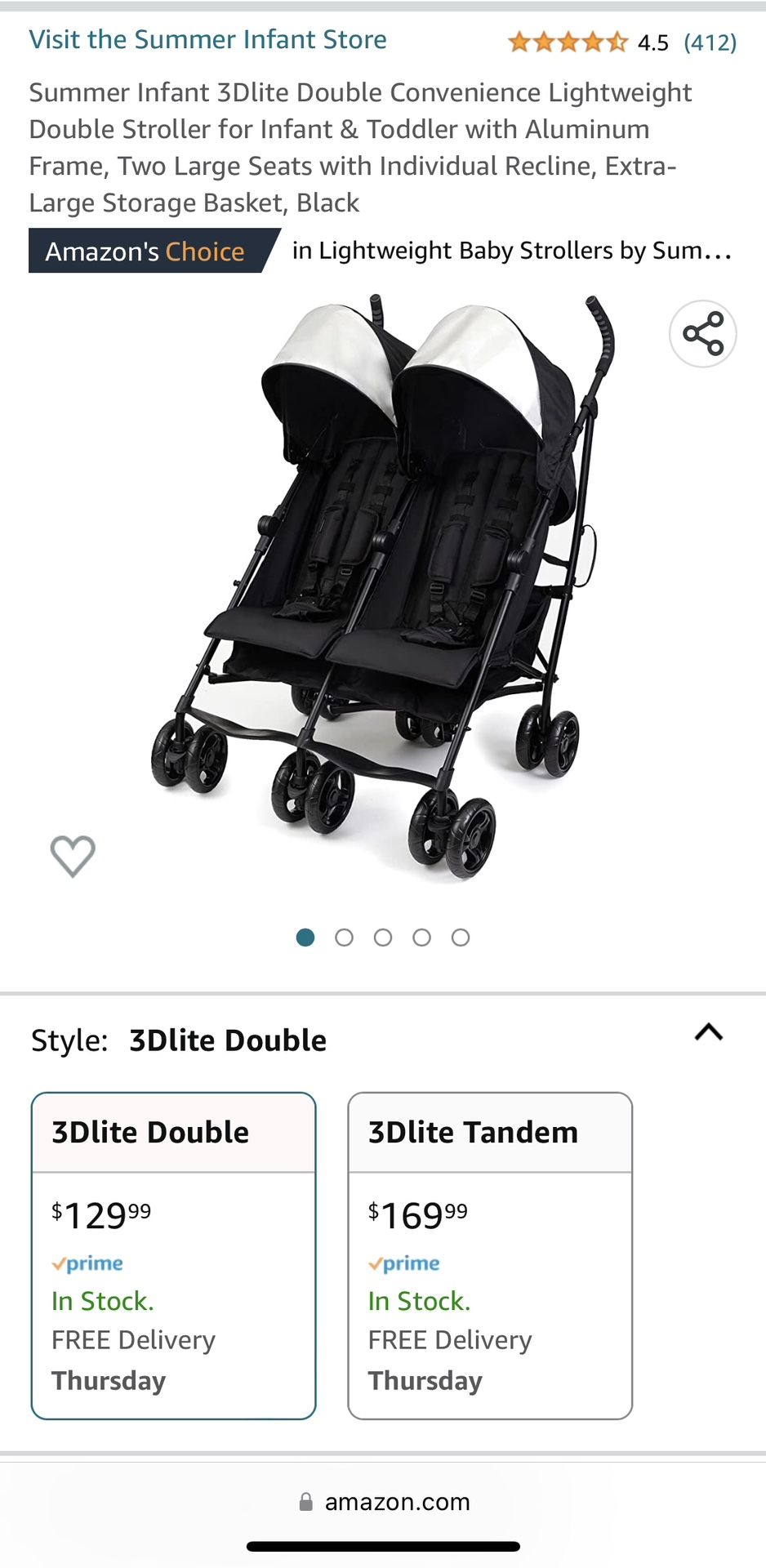 Summer Infant 3Dlite Double Convenience Lightweight Double Stroller