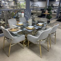 Barnard Clear Glass Top & Mirrored Gold Dining Room Set / 7pc