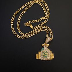 Gold plated and cubic zirconia crystals dollar bag pendant with chain 