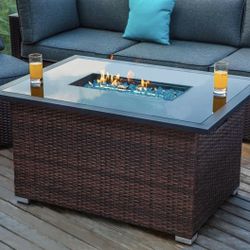 Outdoor Propane Fire Table Rectangle Espresso Brown Wicker Fire Pit