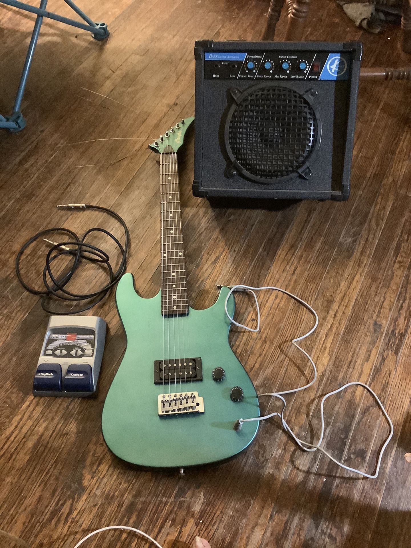 Guitar and amp and foot pedal