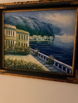 Framed Oil Painting Mediterranean Coastal Scene
