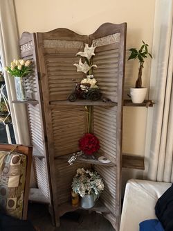 Wooden Shutter Room Divider with Shelves