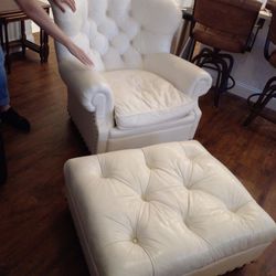 Ralph Lauren Attribute White Leather Wingback Chair With Ottoman 
