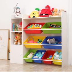 Kids Toy Storage Organizer Bins with Shelf, 4-Tier Playroom Organization and Storage W/8 Removable Boxes, Kids Bookshelf and Toy Storage for Kids Room