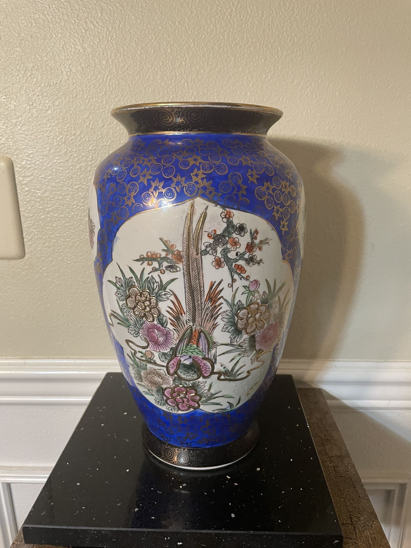 Vintage 12”Tall Chinese Porcelain Vase with Peacock and Floral Design