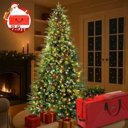 7.5ft Pre-Lit Artificial Christmas Trees,Green Xmas Tree with Large Christmas Tree Storage Bag,Pinecones, Berries, Realistic Artificial Christmas Tree