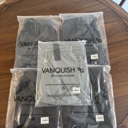 VANQUISH ESSENTIAL 7" PERFORMANCE SHORTS - 5 PAIRS (2) BLACK, (2) DENIM BLUE, 1 STEEL GREY, SIZE M, $25 EACH