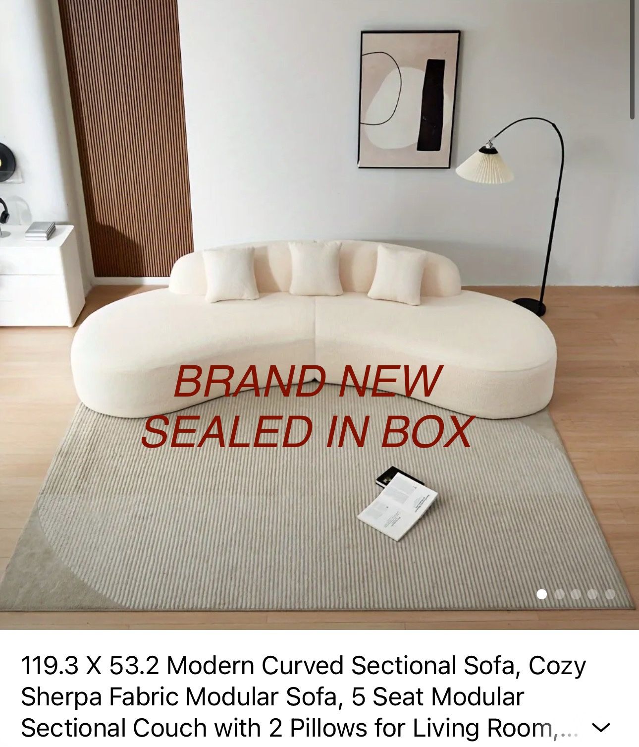 119.3 X 53.2 Modern Curved Sectional Sofa, Cozy Sherpa Fabric Modular Sofa, 5 Seat Modular Sectional Couch with 2 Pillows for Living Room