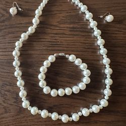 synthetic Pearl necklace, Earrings, Bracelets, set 