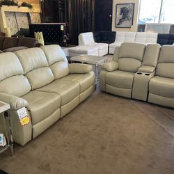 Beige Leather 2Pcs Recliner Set (Sofa, Loveseat) 
