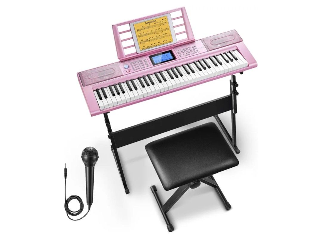 Donner Keyboard Piano 61 Key, Electric Keyboard Kit with 249 Voices, 249 Rhythms - Includes Piano Stand, Stool, Microphone, Gift for Beginners, Pink(D