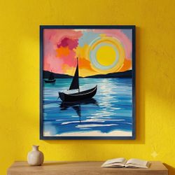 Vibrant Sunset Sailboat Art Print 8.5x11 Beach Coastal Home Decor