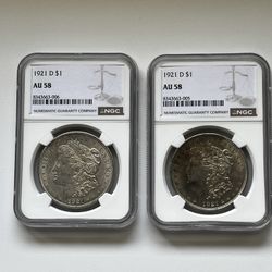 2) 1921-D Morgan Silver Dollars. NGC Graded. Final Year Of Issue 