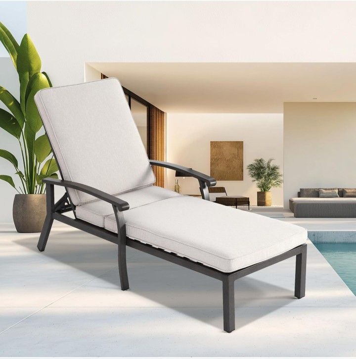 Chaise Lounge Chair Outdoor, Cast Aluminum Tanning Chair with Beige Cushion, for Outside Beach Patio Pool Lawn with Adjustable 5 Position Recliner, 1