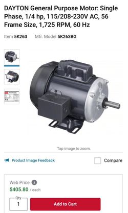 DAYTON General Purpose Motor: Single Phase, 1/4 hp, 115/208-230V AC, 56 Frame Size, 1,725 RPM, 60 Hz