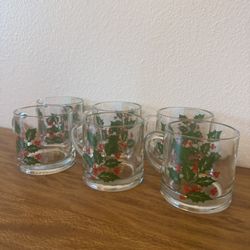 “Holly Berry" Indiana Glass Vintage Christmas Set of 6 Mugs/Cups 1960s