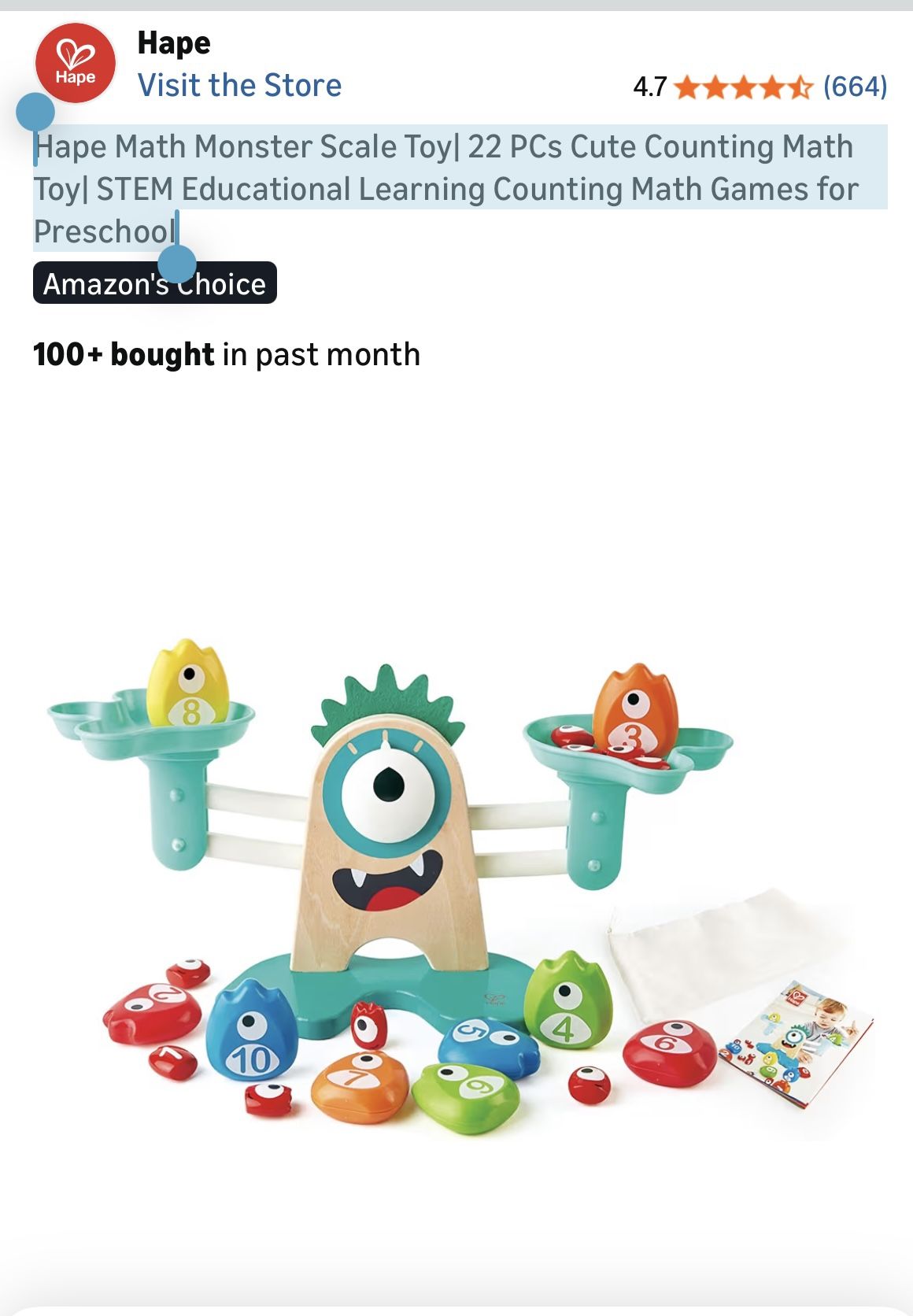 Hape Math Monster Scale Toy| 22 PCs Cute Counting Math Toy| STEM Educational Learning Counting Math Games for Preschool 