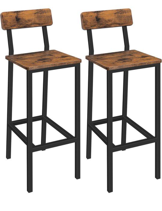 Bar Chairs, Set of 2 Bar Stools with Backrest, Kitchen Bar Stools with Footrest, 25.6" Tall Counter Bar Stools, Easy Assembly, for Dining Room, Bar, R