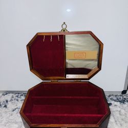 Vintage Walnut Finish Wooden Jewelry Box with Mirror and Necklace Hooks