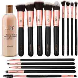 New 14 pc Premium Makeup Brushes Set with Brush Cleaning Solution 