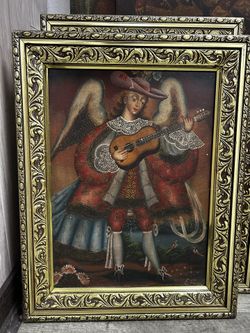 Peruvian Cuzco School Style Painting – Angel Playing Guitar
