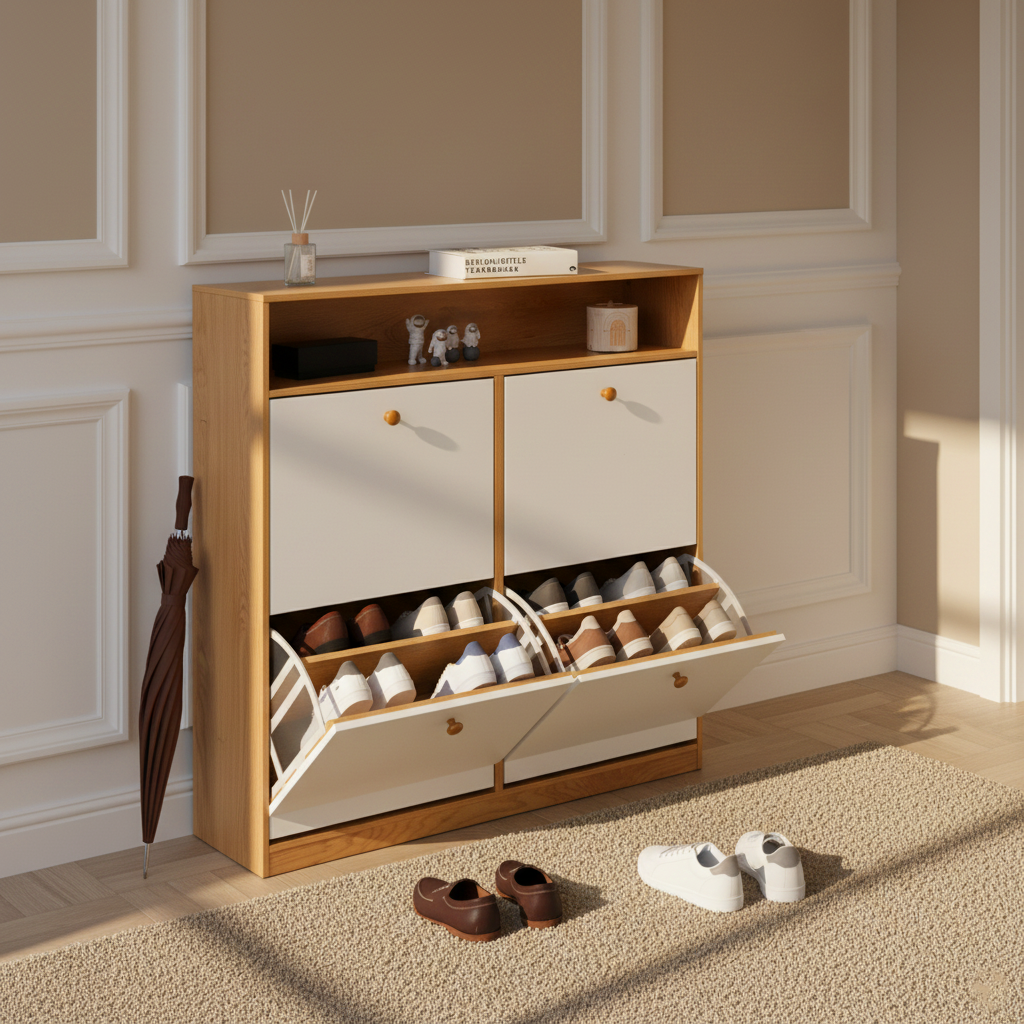 Homy Casa Liora Modern Shoe Cabinet with 4 Tilt-Out Drawers, White & Natural