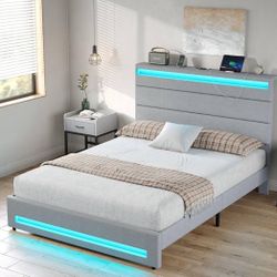 Queen Bed Frame with Charging Station,Upholstered Platform Bed with Headboard and LED Light, Noise Free, No Box Spring Needed, Easy Assembly, Grey